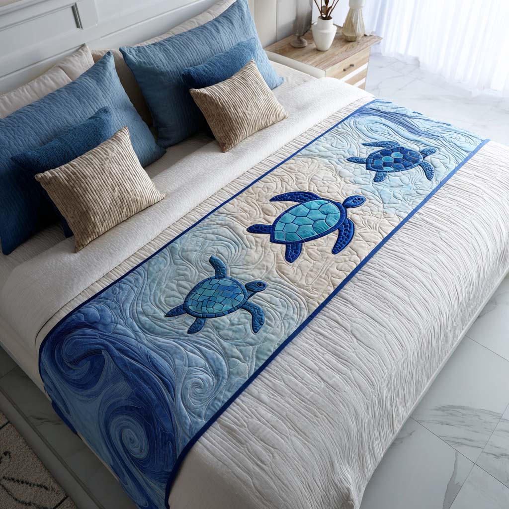Keeper of the Tides Quilted Bed Runner Cute Bedroom Decor Sea Turtle Gifts For Him