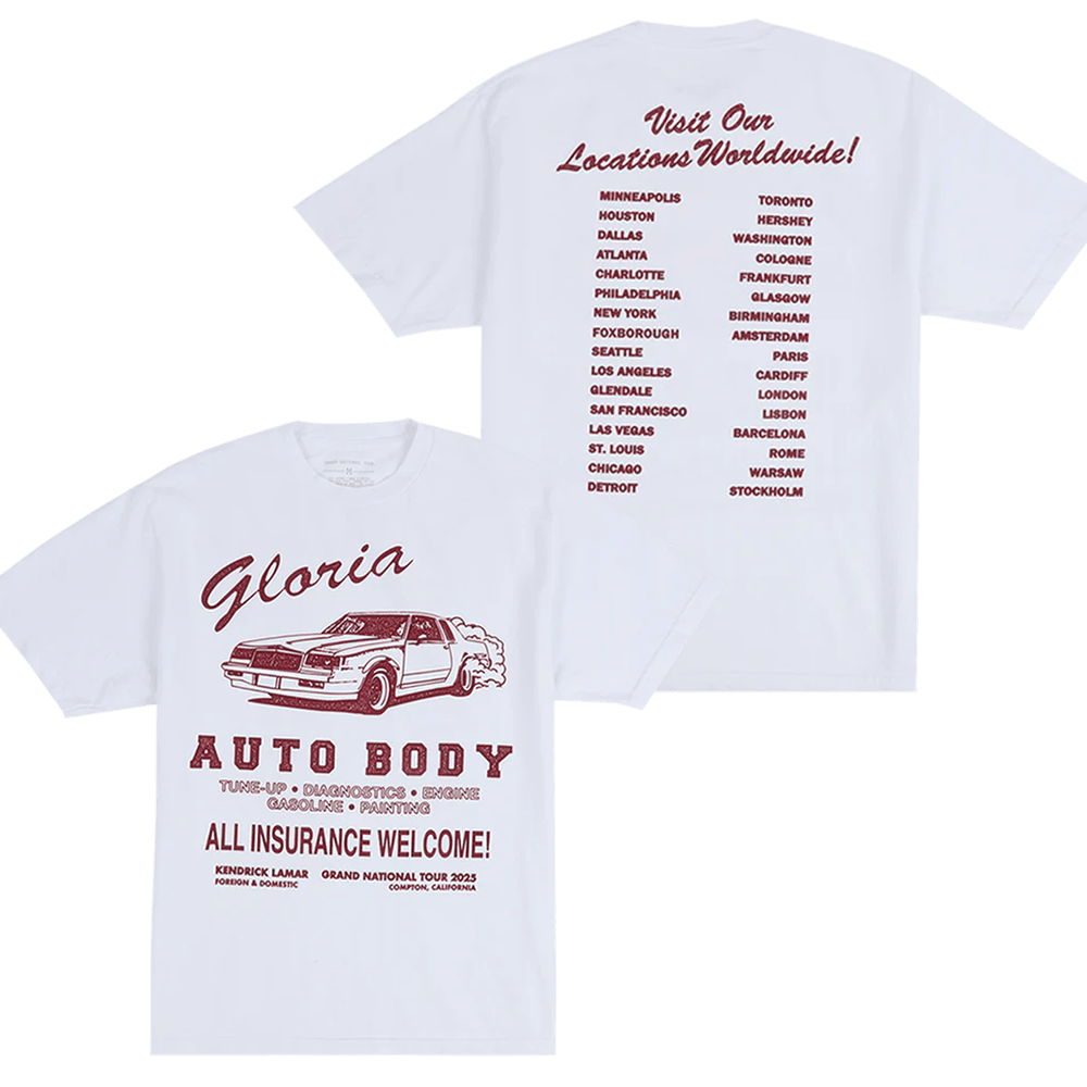 Kendrick Lamar Grand National Tour Merch T-Shirt 2025 Gloria Auto Body T-Shirt Fan Gifts