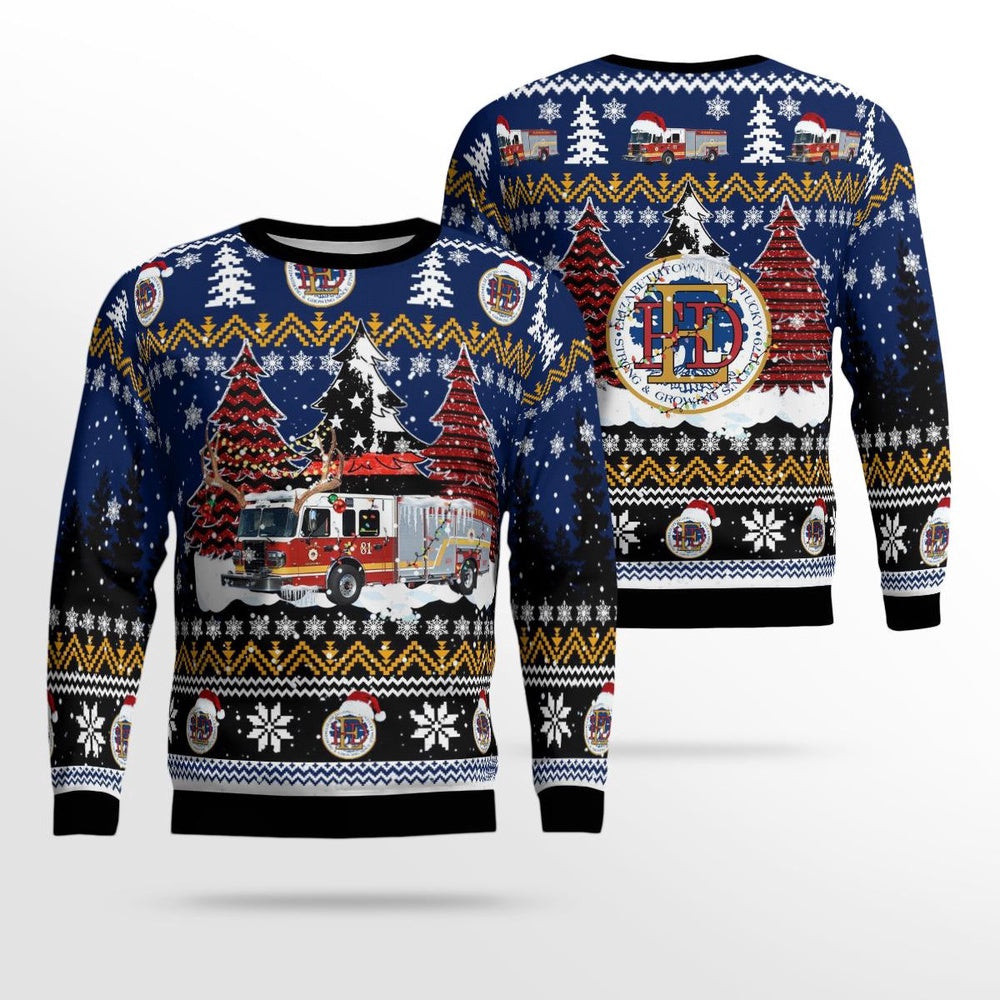 Kentucky Elizabethtown Fire Department Fire Truck 2081 Christmas AOP Ugly Sweater Xmas Unisex Sweater Christmas Gifts For Men Women