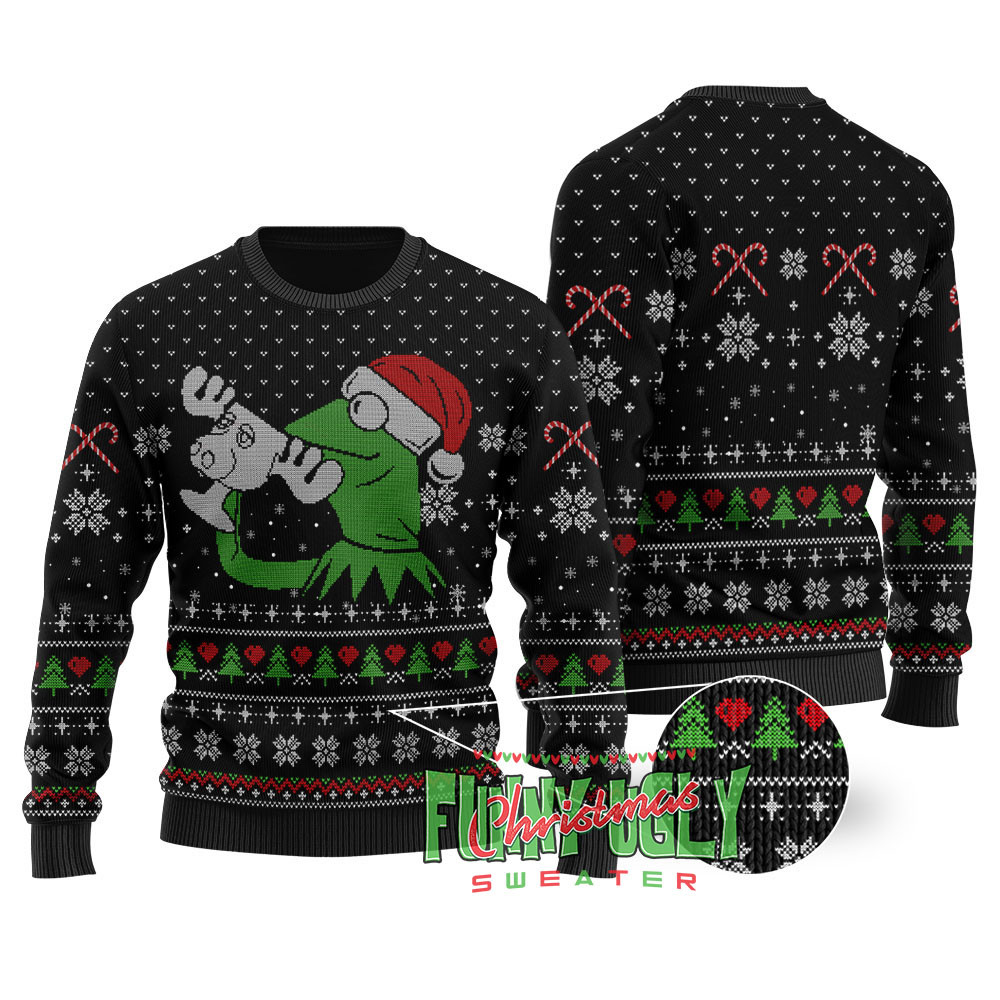 Kermit The Frog Christmas Sweater Black Trendy Christmas Sweater for Winter Outfits