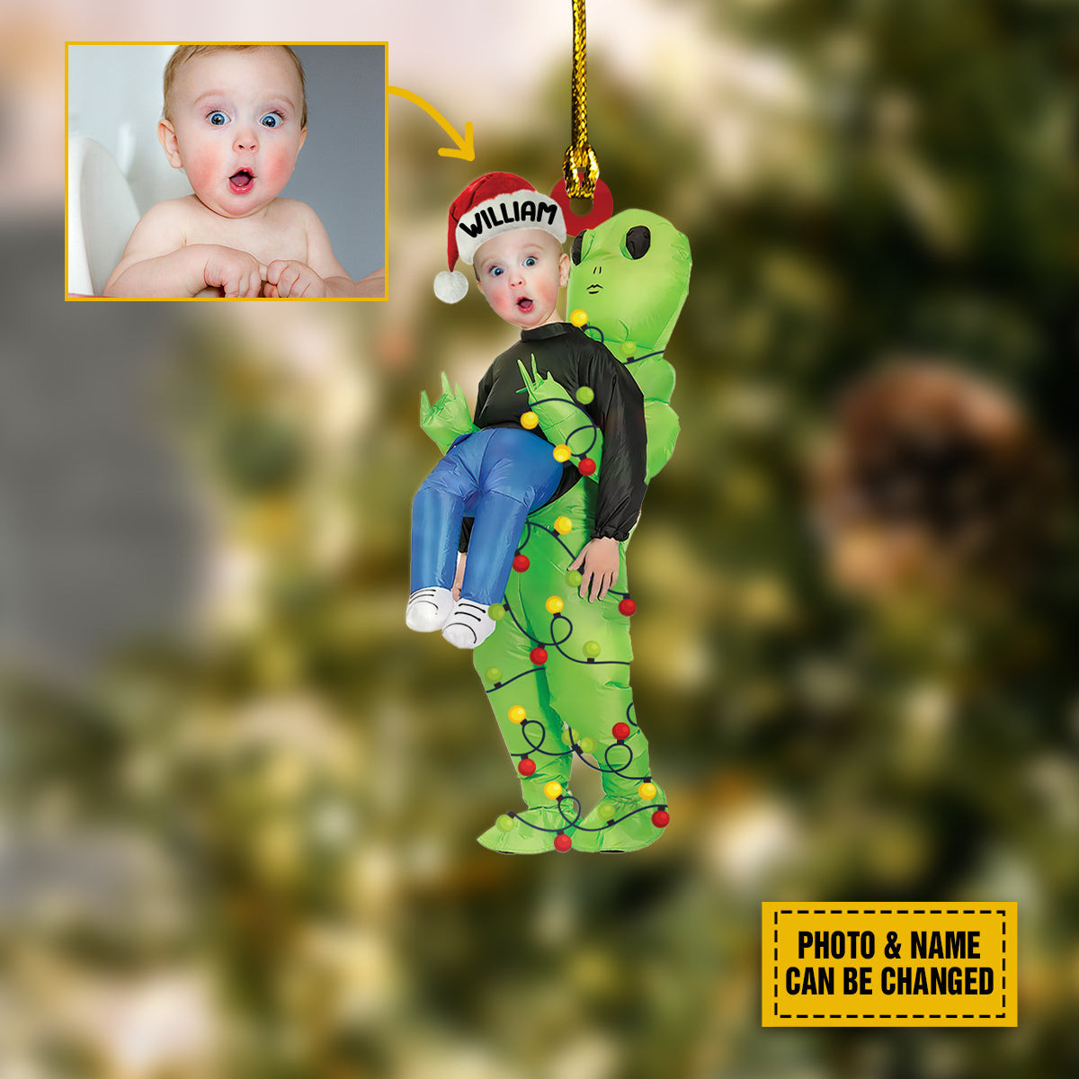 Kid And Green Alien Pick Me Up Customized Ornament Gift For Family Gift For Baby Holiday Decor Christmas Gift Personalize Your Photo And Name