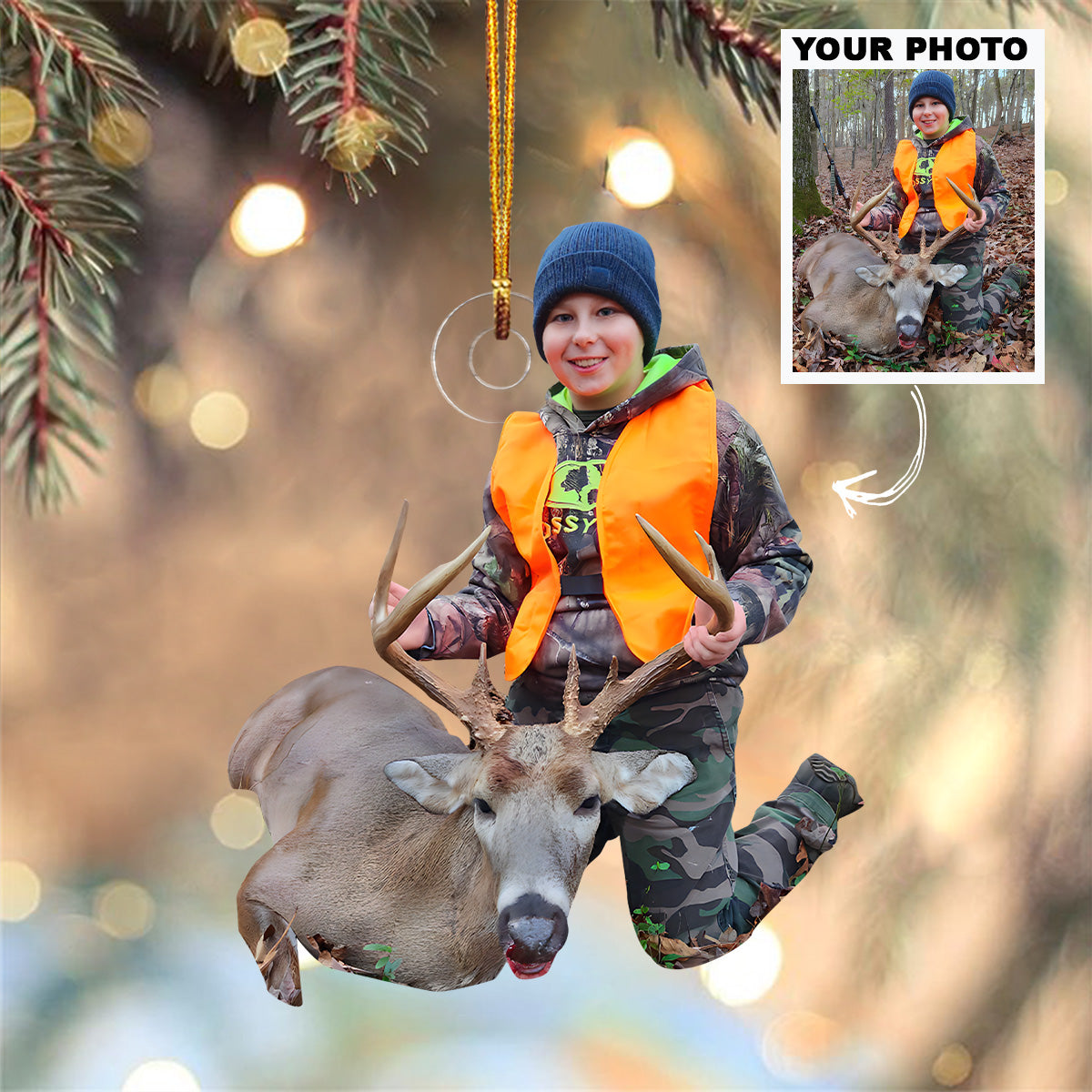 Kid Deer Hunting Ornament Personalized Custom Photo Mica Ornament Christmas Gift For