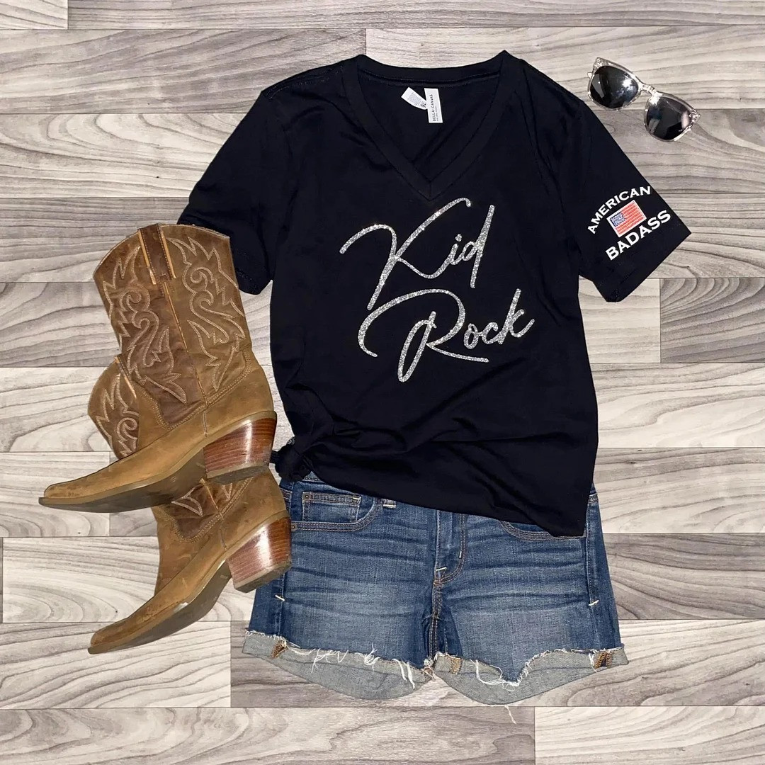Kid Rock American Badass Glitter Graphic T-Shirt Country Music Fan Gear Best Gift For Women