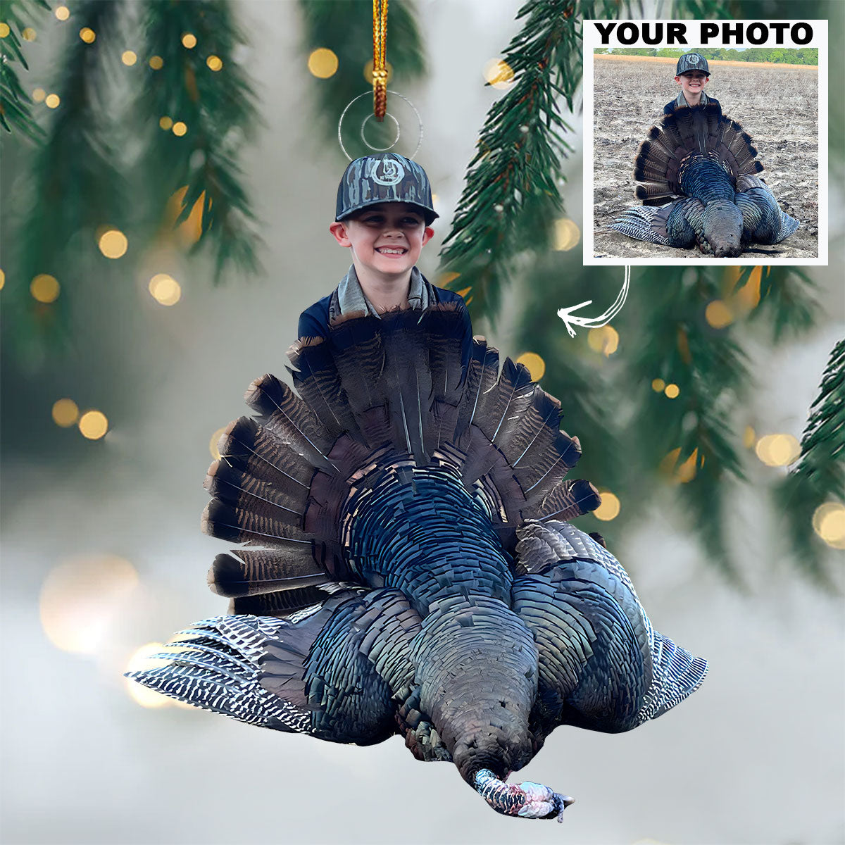 Kid Turkey Hunting Ornament Personalized Custom Photo Mica Ornament Christmas Gift For