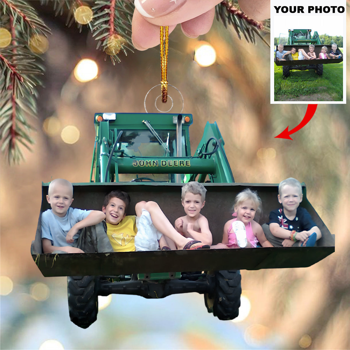 Kids On Tractor Bucket Personalized Photo Mica Ornament Christmas Gift For Family members