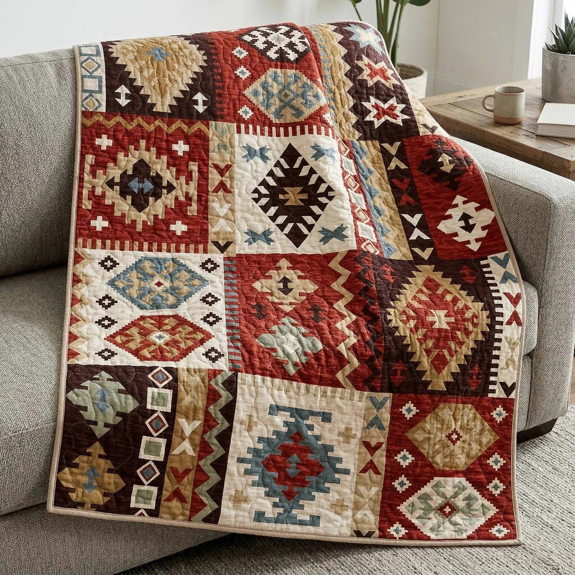 Kilim Patchwork Quilted Blanket Southwest Geometric Decor Apparel Gift For Boho Lover