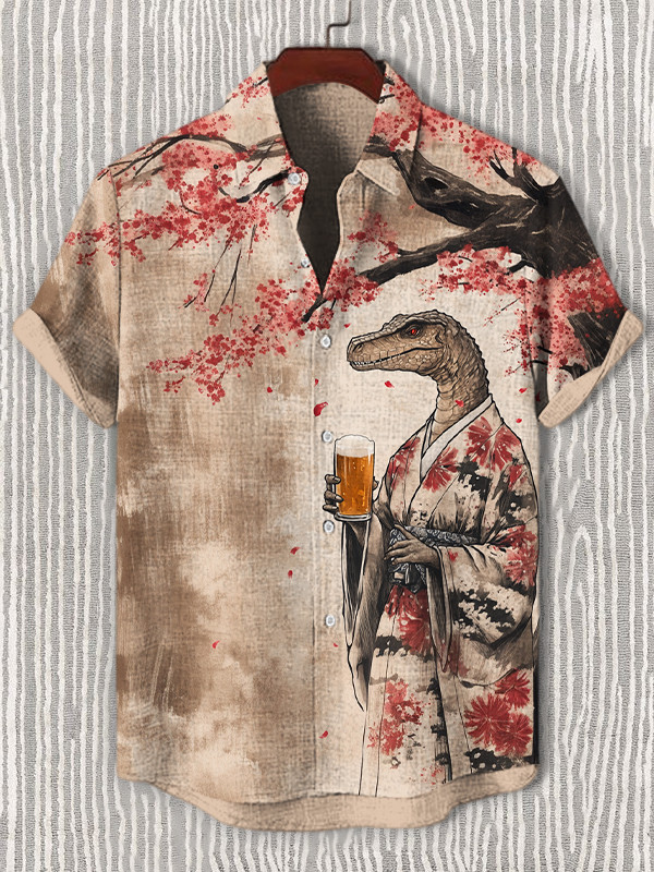 Kimono Dinosaur Drinks Beer Print Hawaiian Shirt Gifts For Dinosaur Lovers