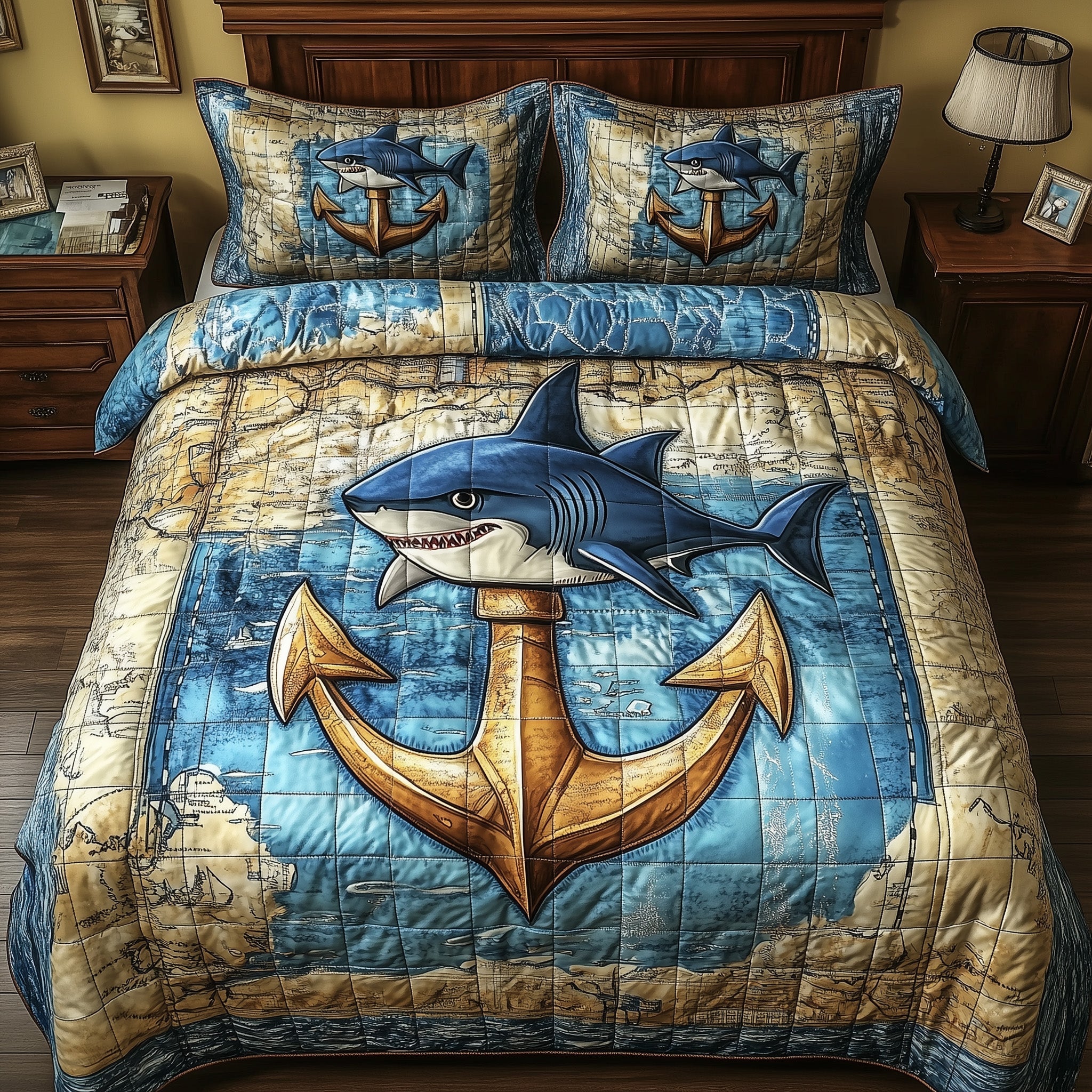 King of the Deep Quilted Bedding Set Duvet Cover Bed Sheet Best Gifts For Shark Lovers