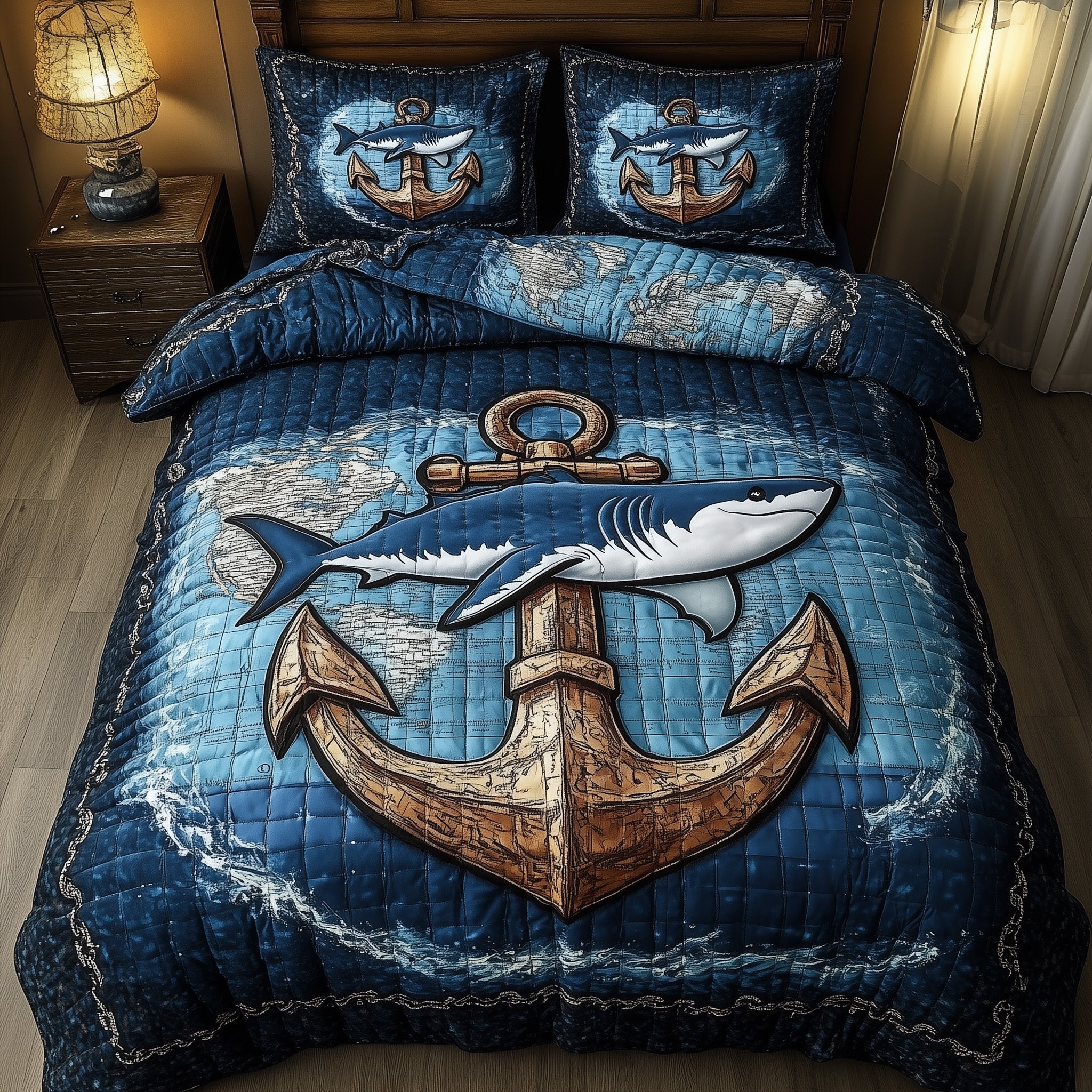 King of the Deep Quilted Bedding Set Duvet Cover Bed Sheet Cool Shark Gifts