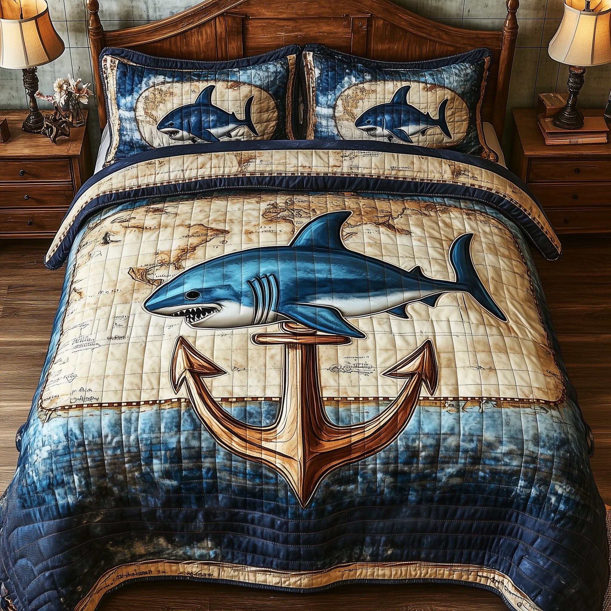 King of the Deep Quilted Bedding Set Duvet Cover Bed Sheet Presents For Shark Lovers