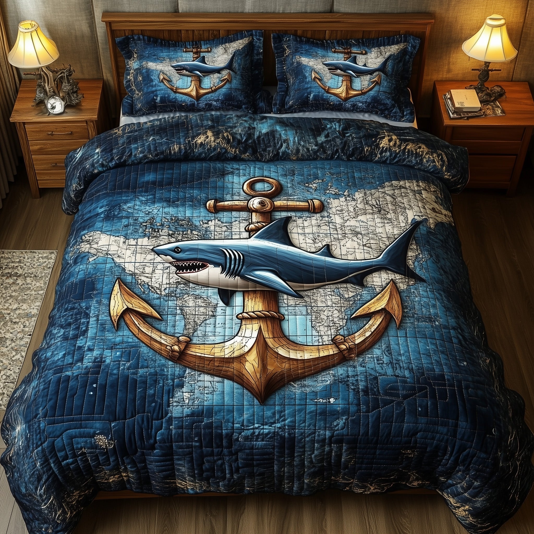 King of the Deep Quilted Bedding Set Duvet Cover Bed Sheet Shark Gifts For Him
