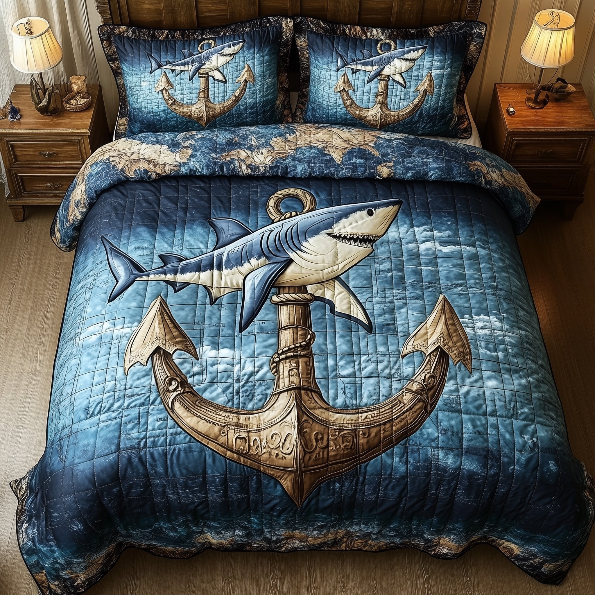 King of the Deep Quilted Bedding Set Duvet Cover Bed Sheet Shark Related Gifts