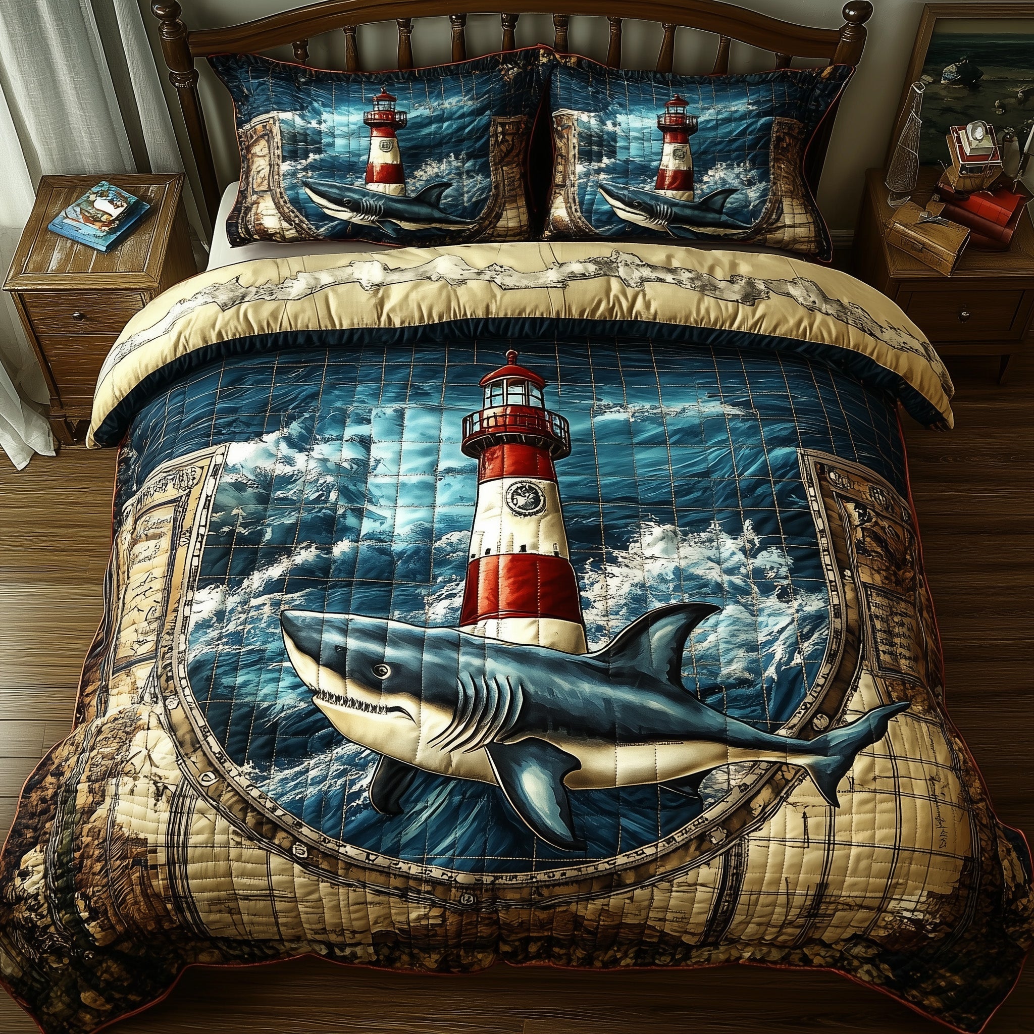 King of the Deep Quilted Bedding Set Duvet Cover Bed Sheet Shark Week Gifts