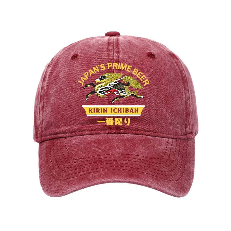 Kirin Ichiban Beer Logo Japanese Washed Hat Unique Cap Gifts For Dragon Lover
