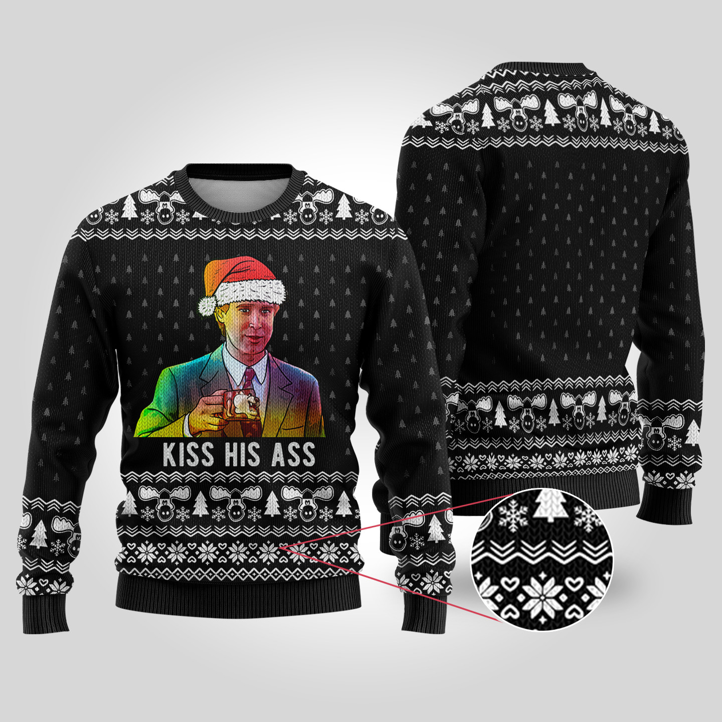 Kiss His Ass National Lampoon Black Ugly Christmas Sweater Custom Holiday Sweater Merch That Warms the Heart