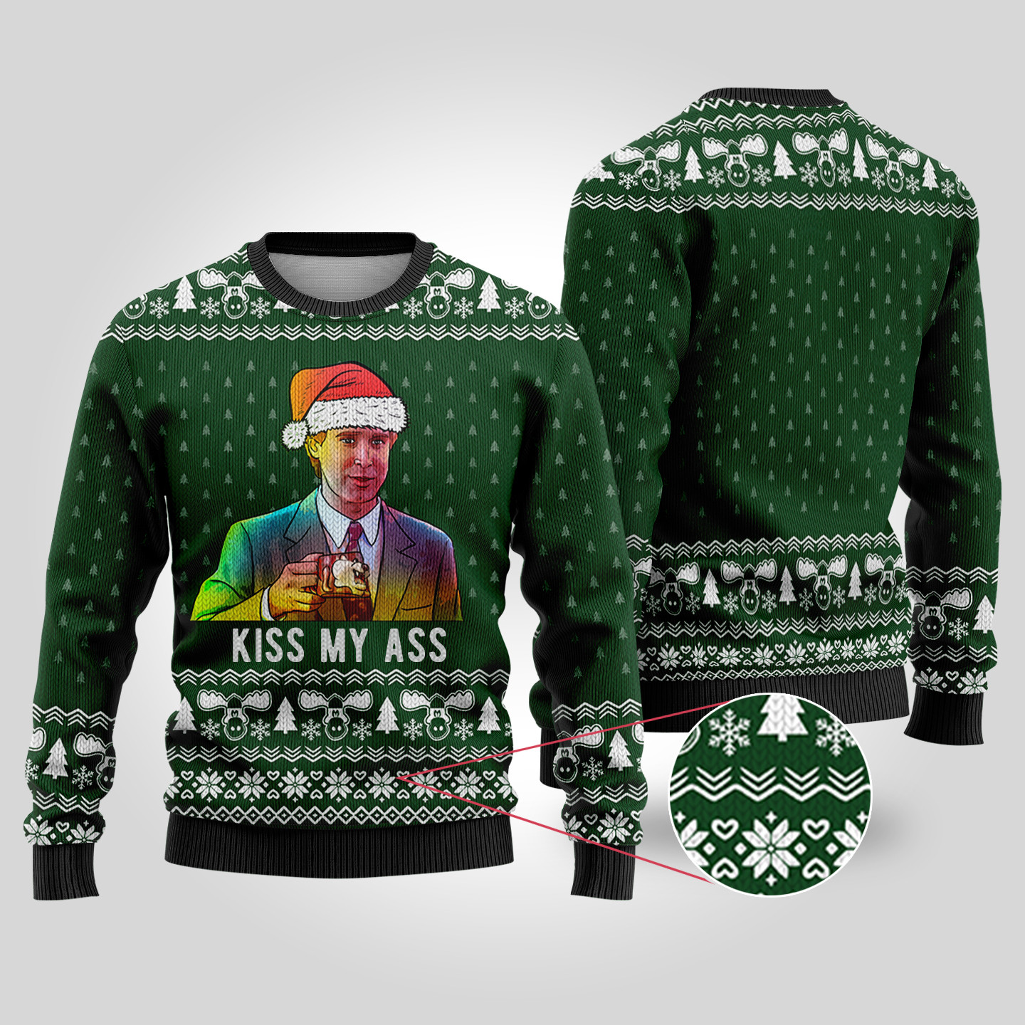 Kiss My Ass National Lampoon Forest Green Ugly Christmas Sweater Funny Xmas Sweater for Ugly Sweater Parties