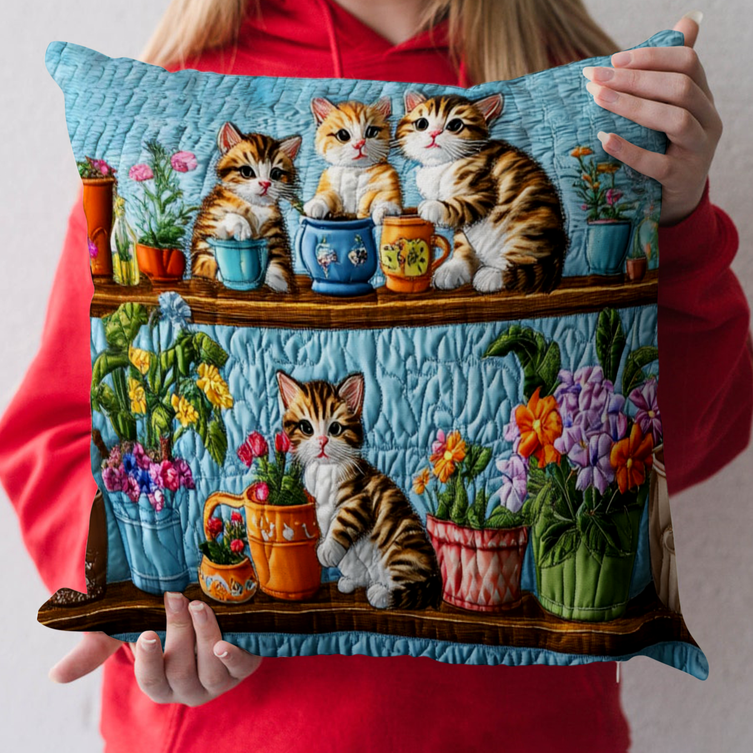 Kitten Garden Party Quilted Pillow Case Throw Pillow Case Covers Gift Ideas For Cat Lovers