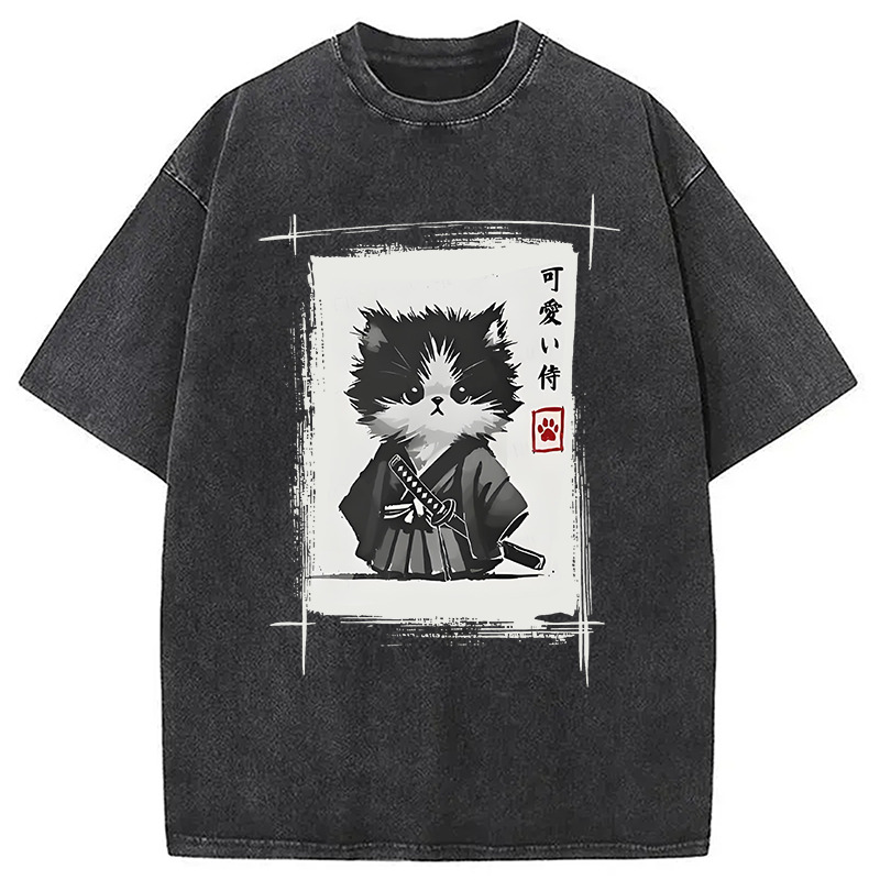 Kitten Samurai Washed T-Shirt Casual Vintage Everyday Look Gifts For Brother