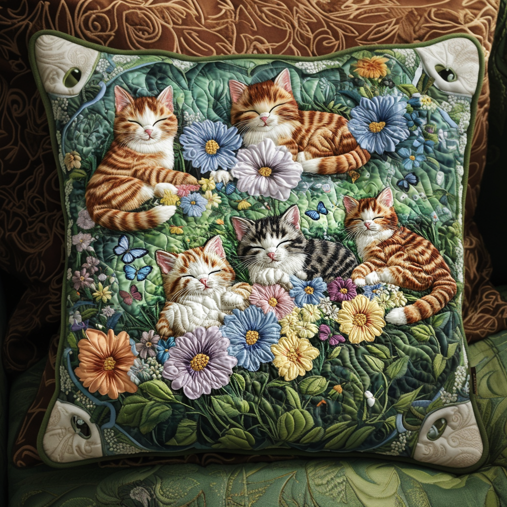 Kittens and Flowers Quilted Pillow Case Throw Pillow Covers Best Presents For Cat Lovers