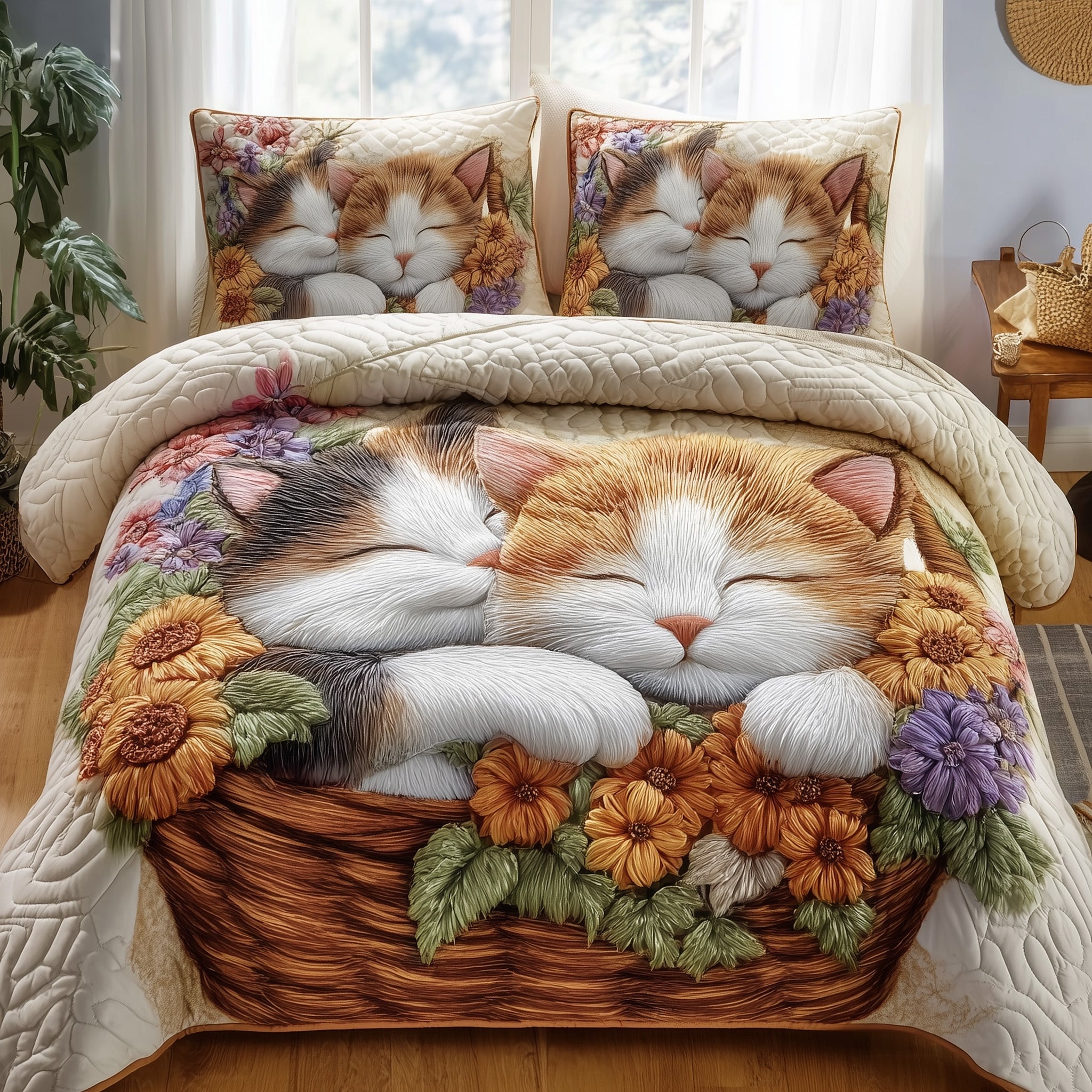 Kittens Garden Quilted Bedding Set Duvet Cover Bedspread Best Cat Presents For Women
