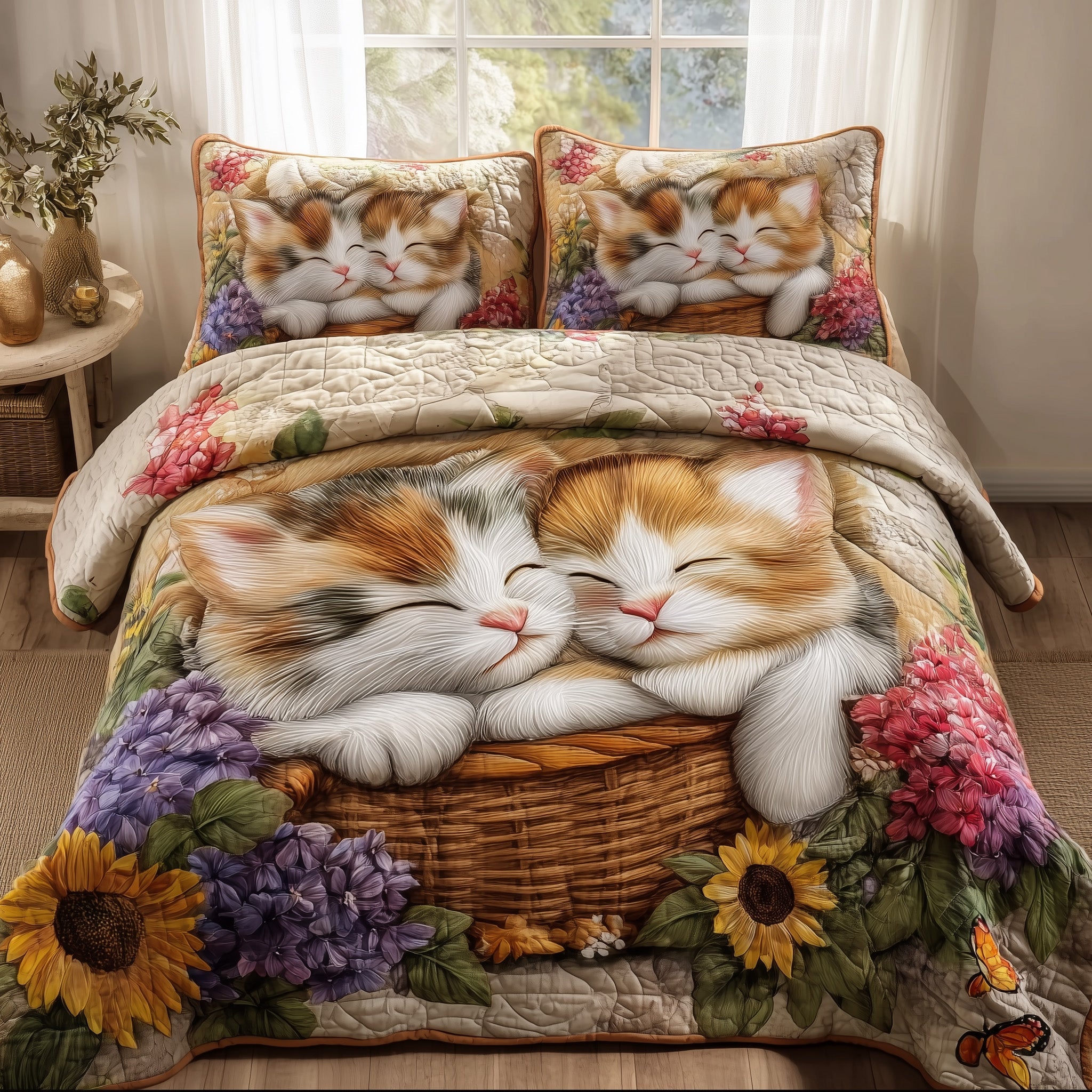 Kittens Garden Quilted Bedding Set Duvet Cover Bedspread Cute Cat Lover Gift Ideas