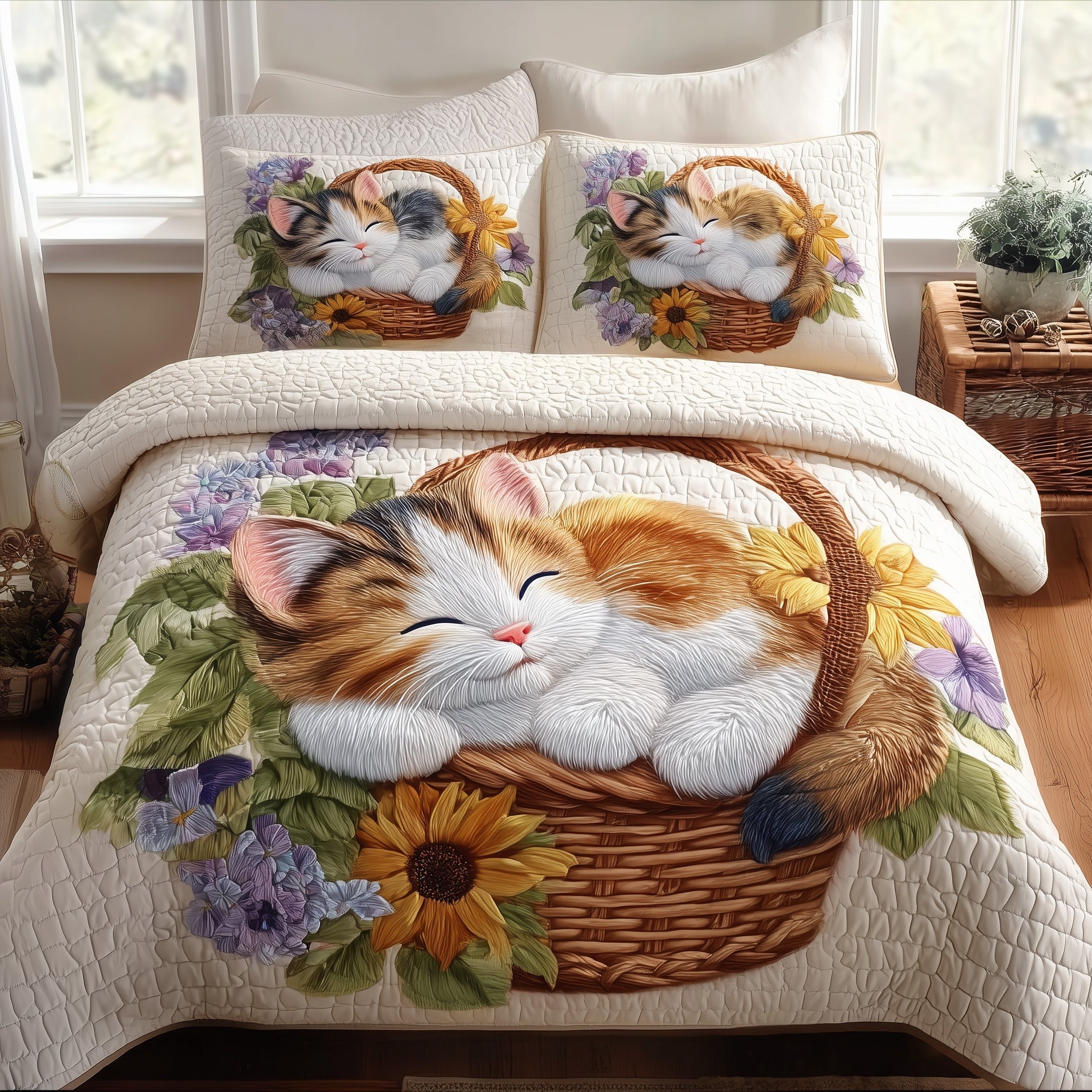 Kittens Garden Quilted Bedding Set Duvet Cover Bedspread Presents For Cat Lovers Women
