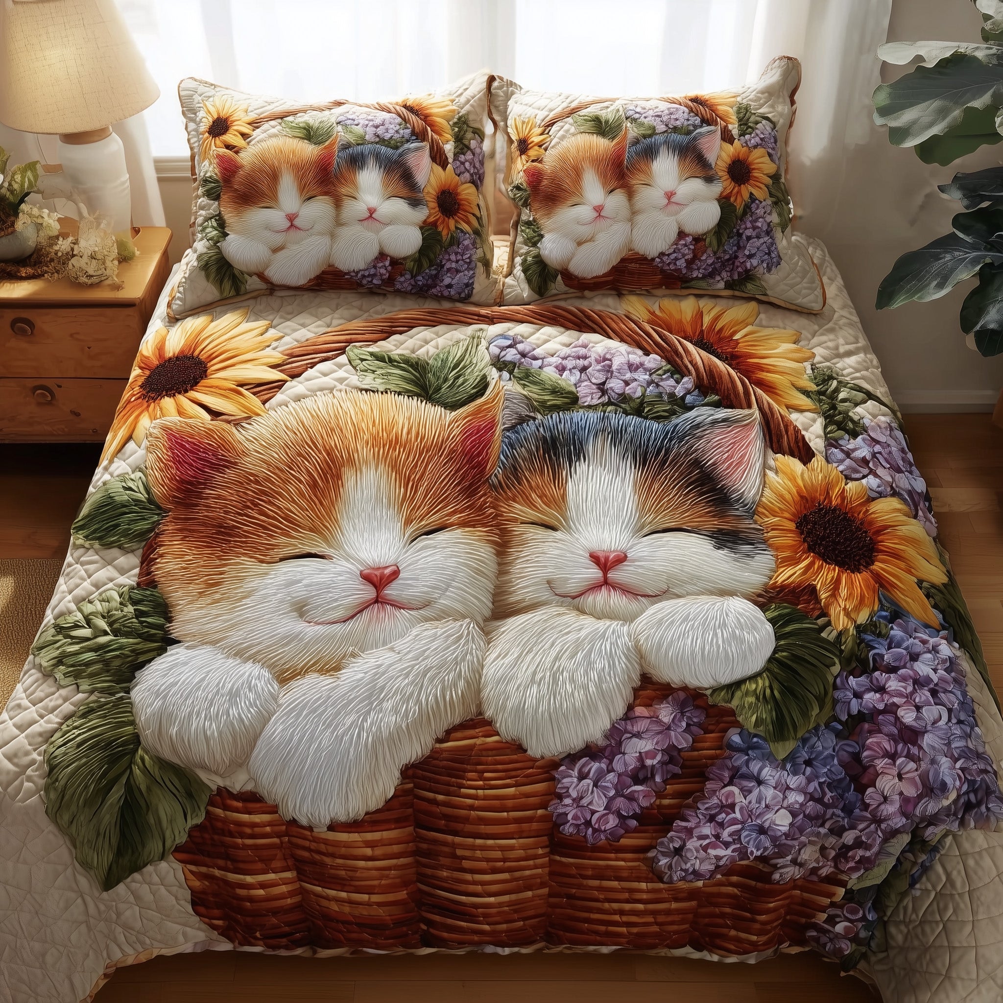 Kittens Garden Quilted Bedding Set Duvet Cover Bedspread Xmas Cat Presents For Women