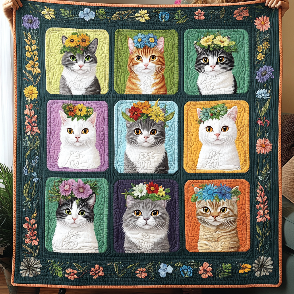 Kittens in Bloom Quilted Blanket Novelty Gifts For Cat Lovers