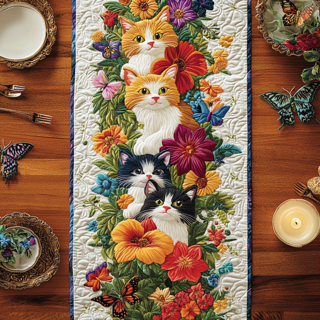 Kitty Blooms Quilted Table Runner Dinner Table Decor Gift Ideas For Cat Owners