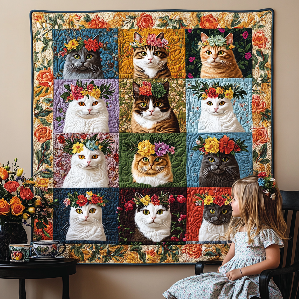 Kitty Blossom Parade Quilted Blanket Novelty Gifts For Cat Lovers