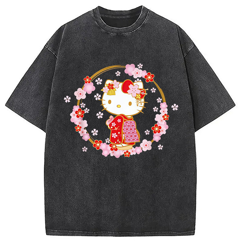 Kitty Sakura Spring Washed T-Shirt Cool Graphic Tee For Men Women Gifts For Besties