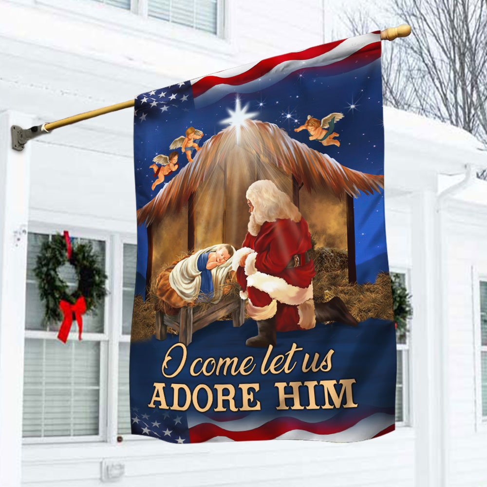 Kneeling Santa Flag O Come Let Us Adore Him
