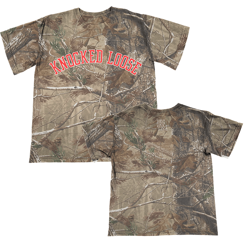 Knocked Loose Merch Knocked Loose Varsity Arch Real Tree Camo T-Shirt Gifts For Father's Day