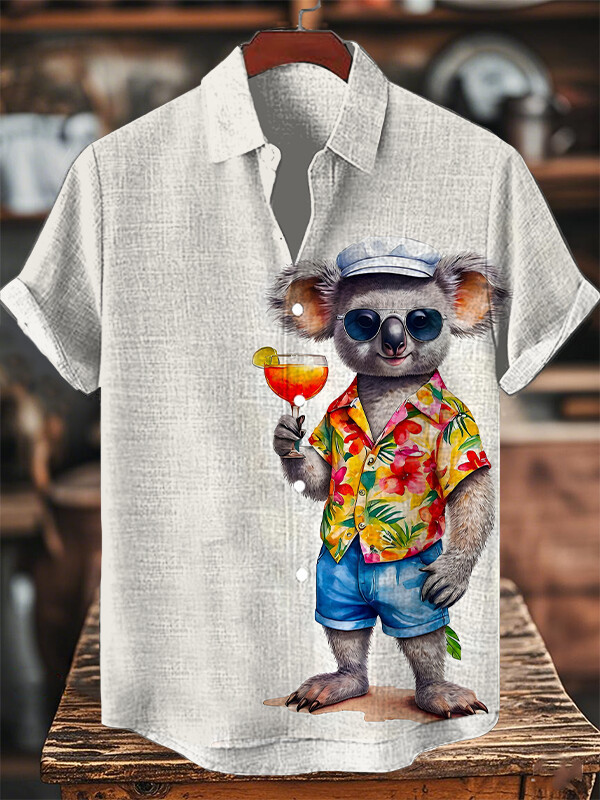 Koala Drinking Cocktail Art Print Hawaiian Shirt Gifts For Cocktail Lovers