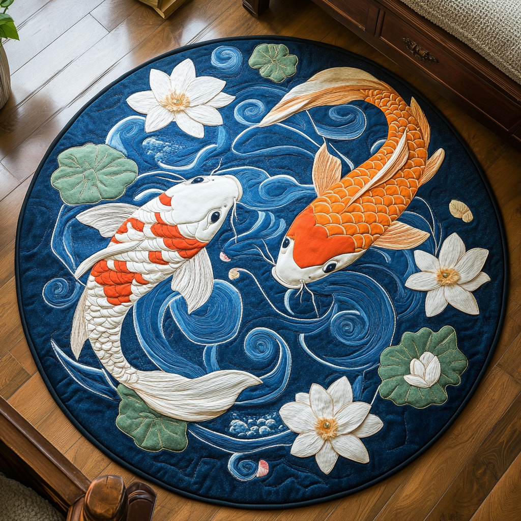 Koi Dream Quilted Round Mat Outdoor Entryway Decor Koi Fish Merchandise Gifts