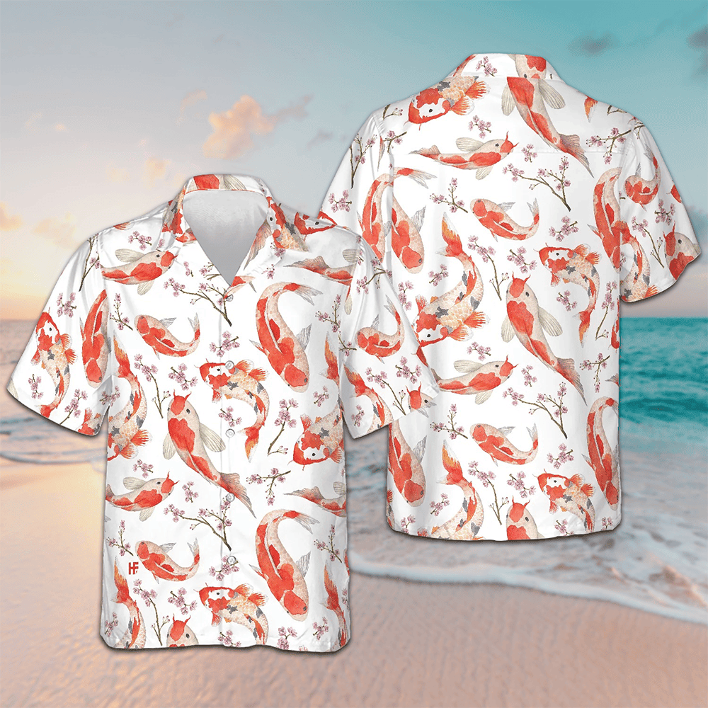 Koi Fish And Cherry Blossom Hawaiian Shirt Mens Beach Button Up Gifts For Koi Lovers Koi Fish And Cherry Blossom Hawaiian Shirt Mens Beach Button Up Gifts For Koi Lovers
