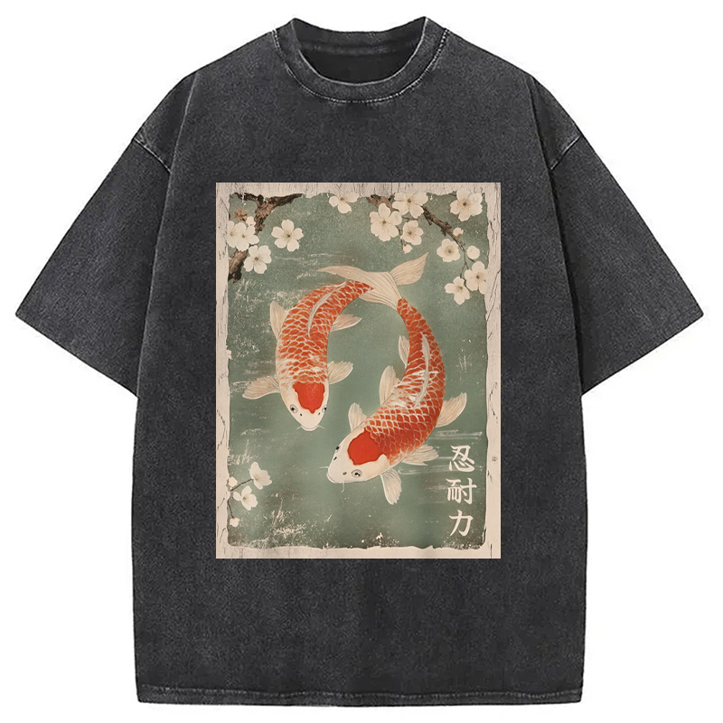 Koi fish and Cherry Blossom Washed T-Shirt Retro Streetwear Graphic Top Gifts For Brother