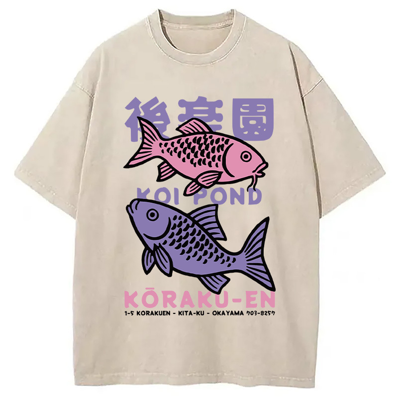 Koi Fish Pond Japanese Washed T-Shirt Trendy Aesthetic Graphic Apparel Gifts For Him