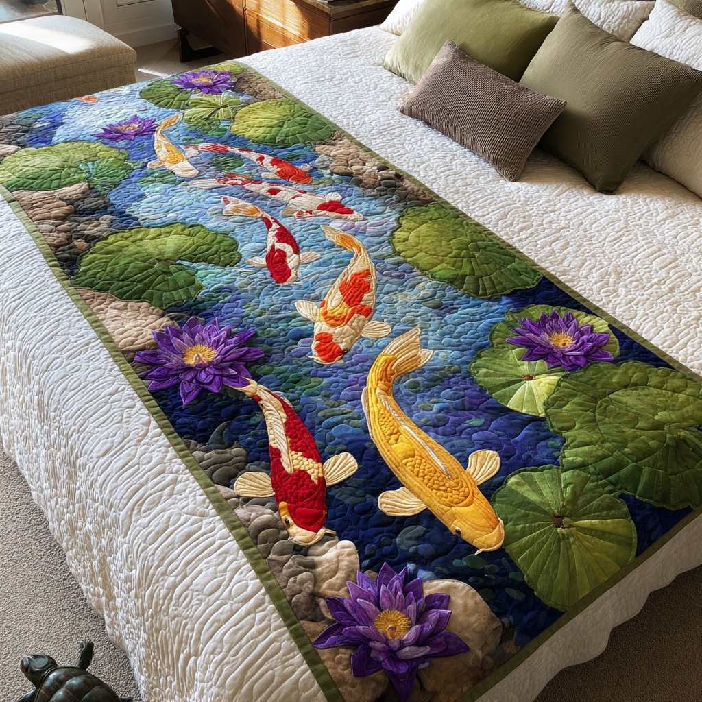 Koi Flow Quilted Bed Runner Cozy Bedroom Decor Koi Fish Presents
