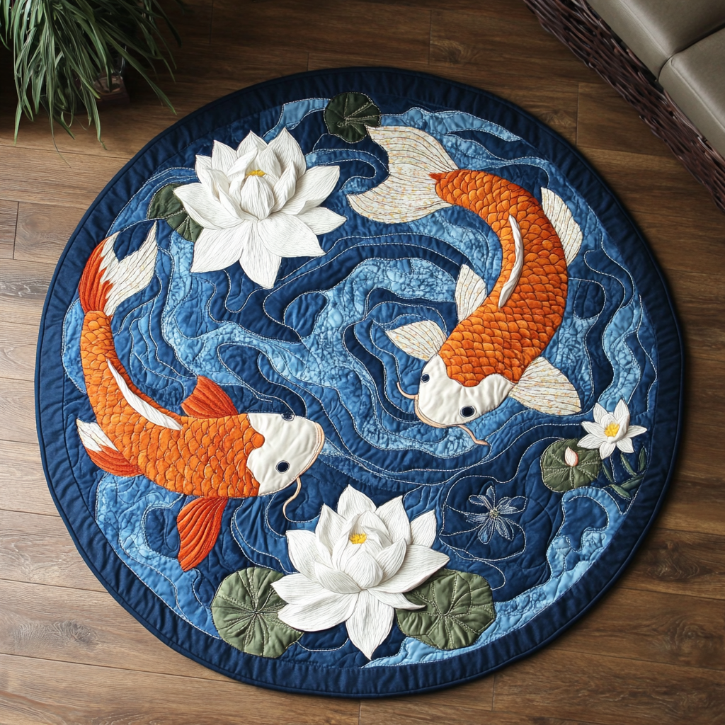 Koi Flow Quilted Round Mat Unique Front Door Decor Gift For Koi Fish Lovers