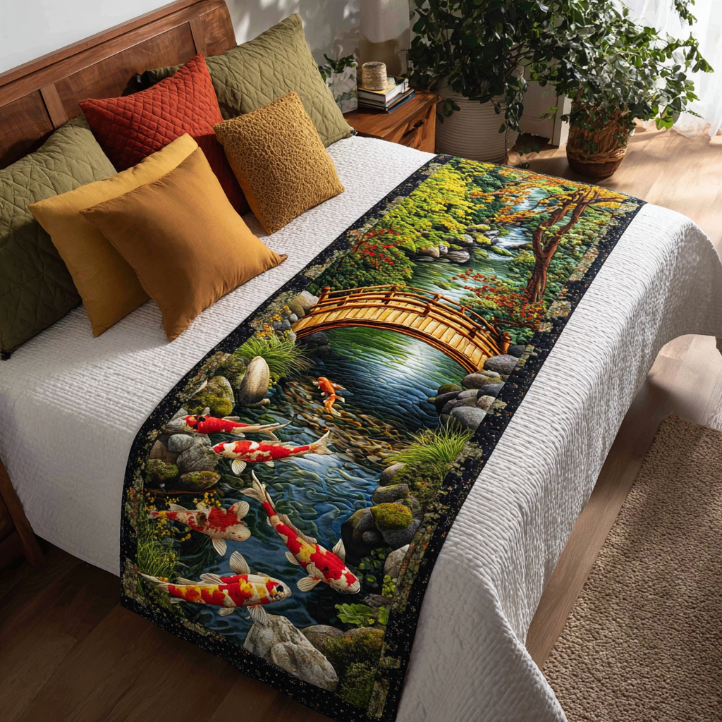 Koi Garden Quilted Bed Runner Bed Decorations Koi Fish Merchandise