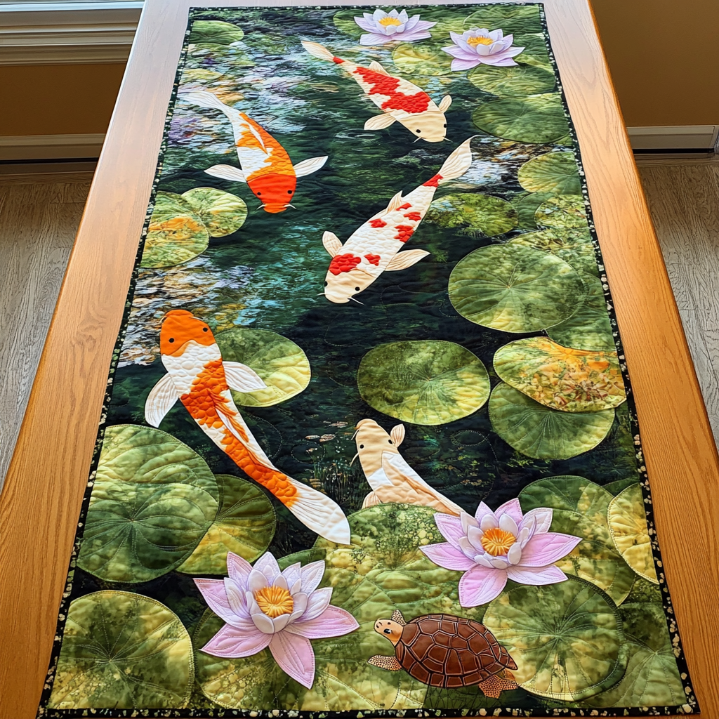 Koi Garden Quilted Table Runner Kitchen Table Decor Ideas Gift For Koi Fish Lovers