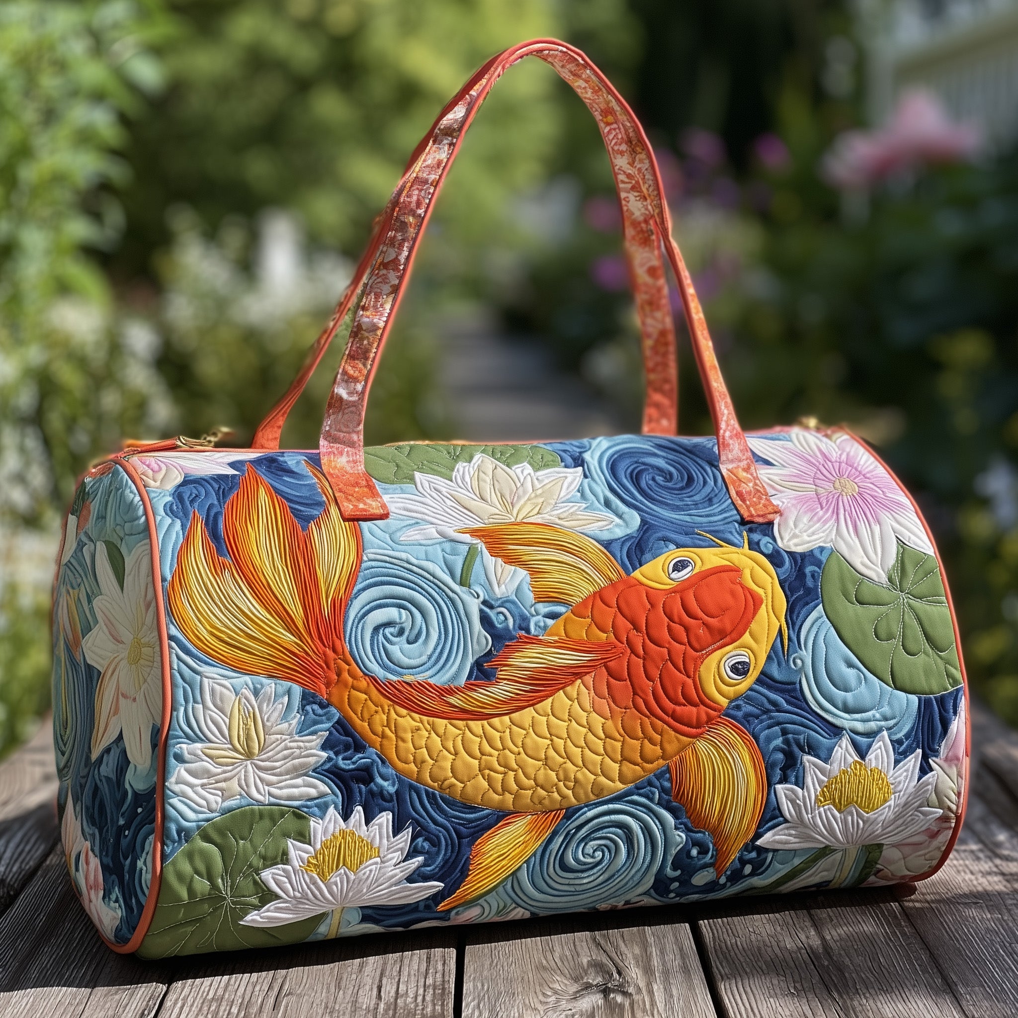 Koi Harmony Quilted Duffle Bag Easy To Clean Surface
