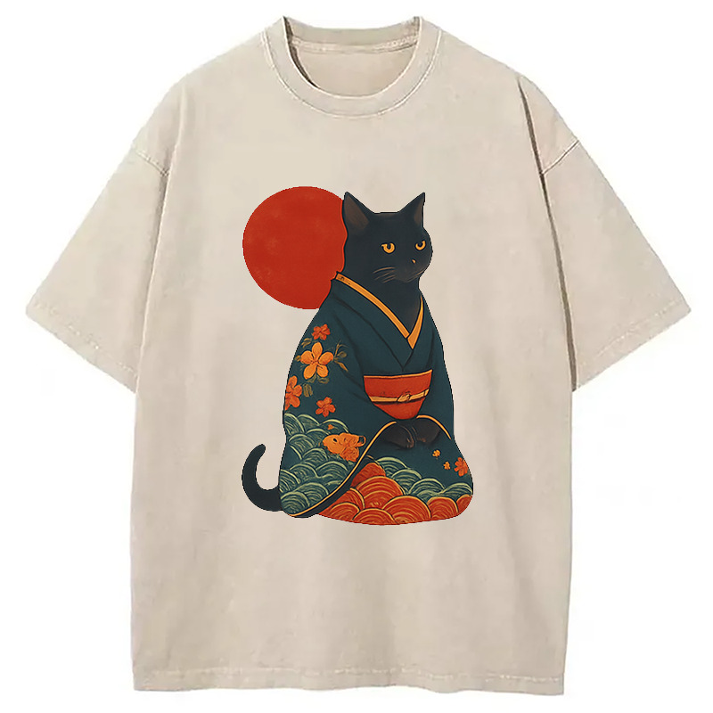 Koi Kimono Cat Japanese Art Washed T-Shirt Funny Aesthetic Trendy Apparel Gifts For Her