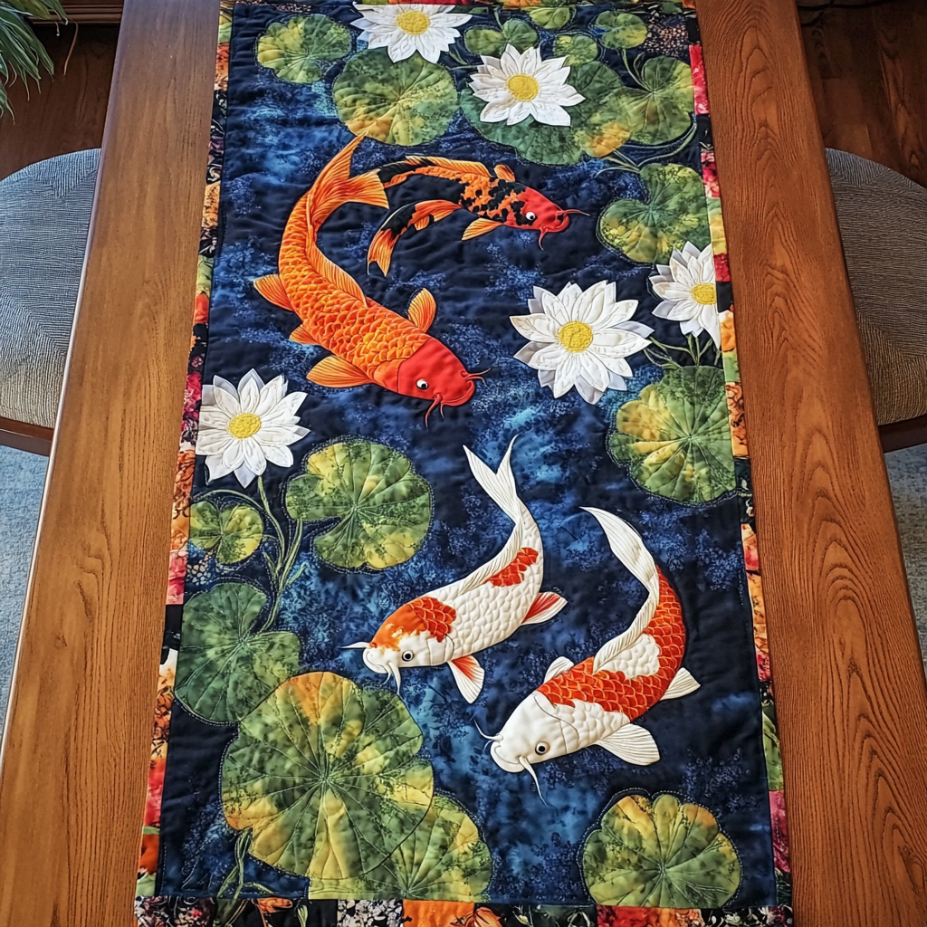 Koi Pond Quilted Table Runner Dining Table Decor Gifts For Koi Lovers