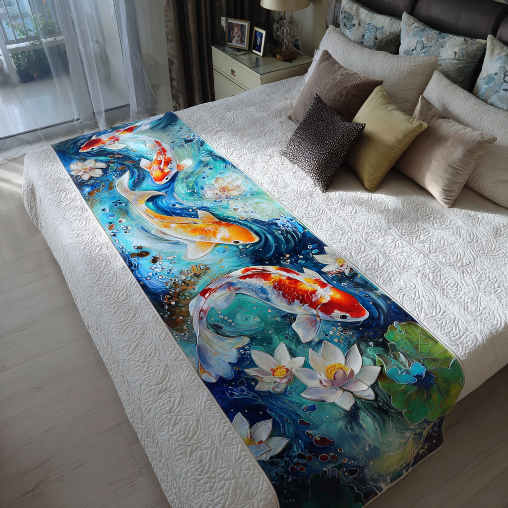 Koi Serenity Quilted Bed Runner Bed Room Decoration Gifts For Koi Lovers