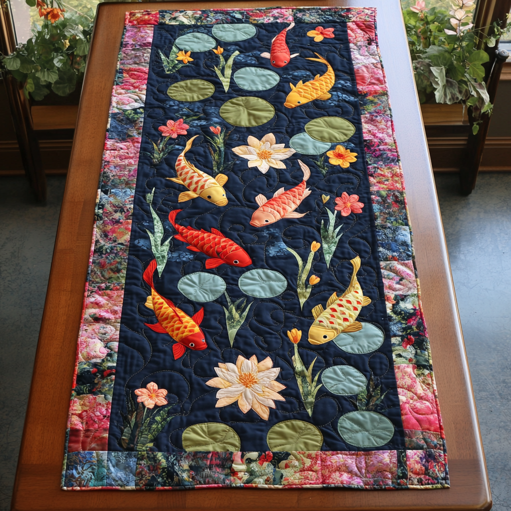 Koi Waters Quilted Table Runner Dining Room Decor Koi Fish Gifts For Him