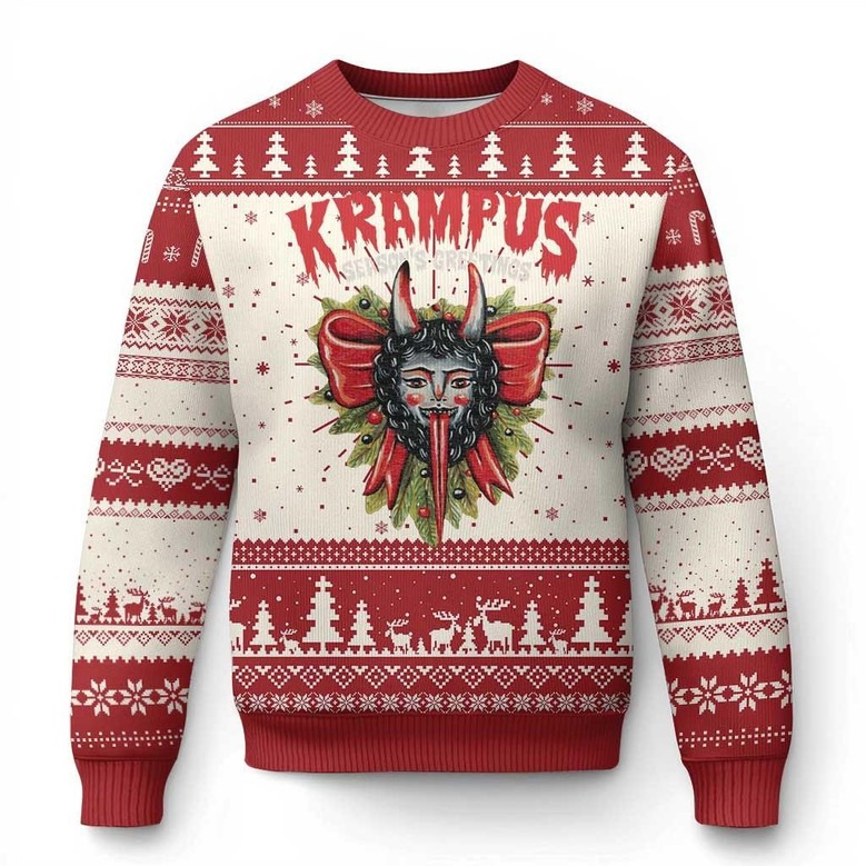 Krampus And Bow Ugly Christmas Sweater Spooky Apparel Festival Gifts For Horror Fans