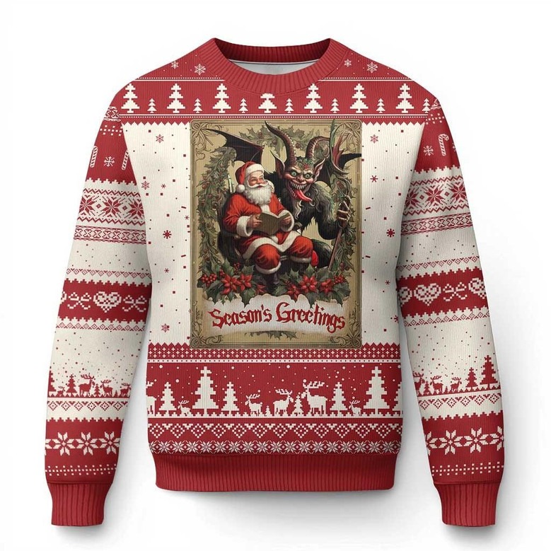Krampus And Santa Season Greeting Ugly Christmas Sweater Dark Humour Christmas Jumpers Gifts