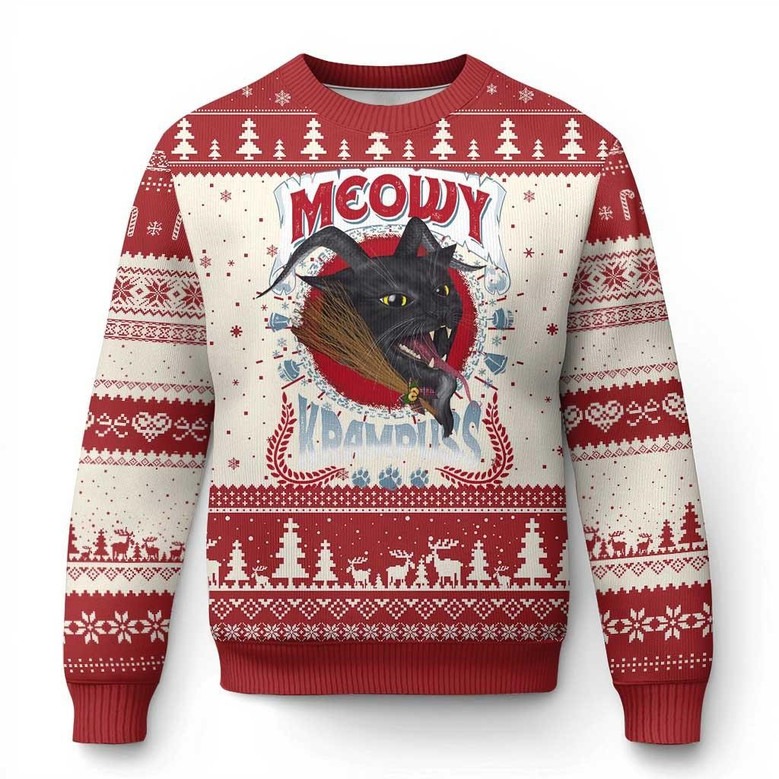 Krampus Black Cat Meowy Ugly Christmas Sweater Holiday Gifts For Horror Fans